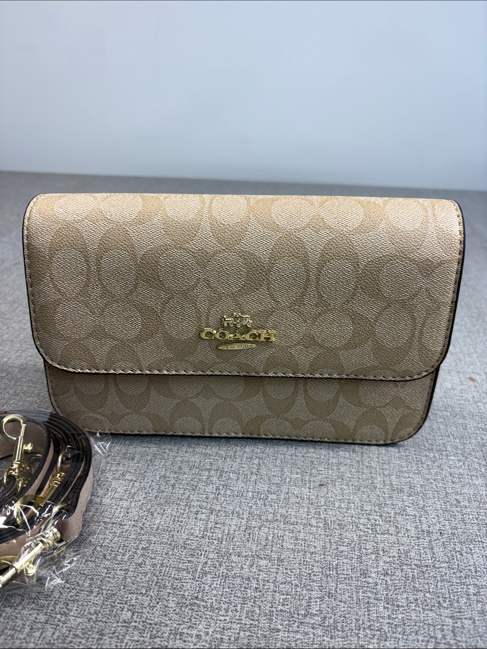 Coach Beige Signature Canvas Crossbody Bag with Gold Hardware